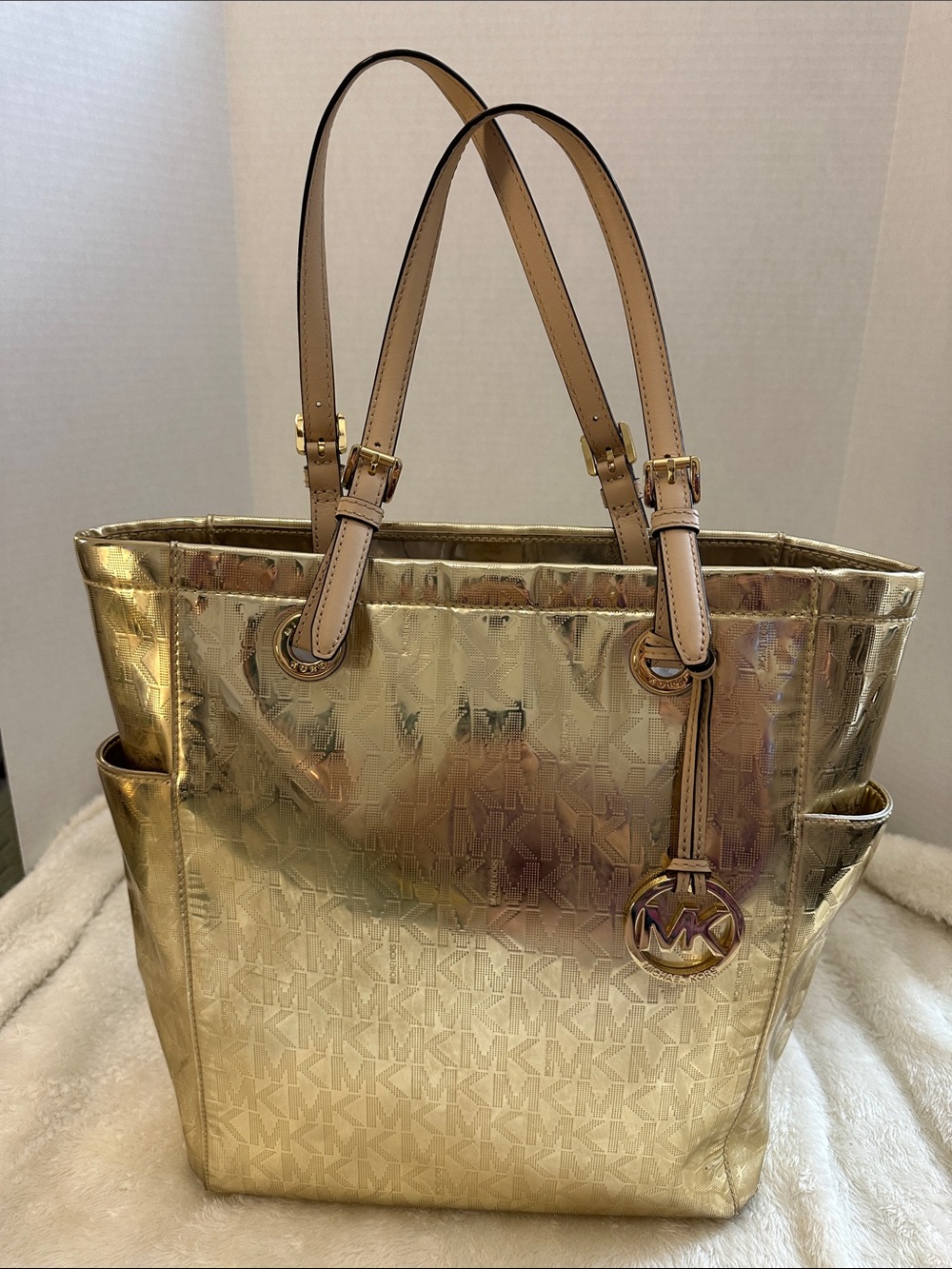 Michael Kors Metallic Gold MK Monogram Tote with Tan Handles